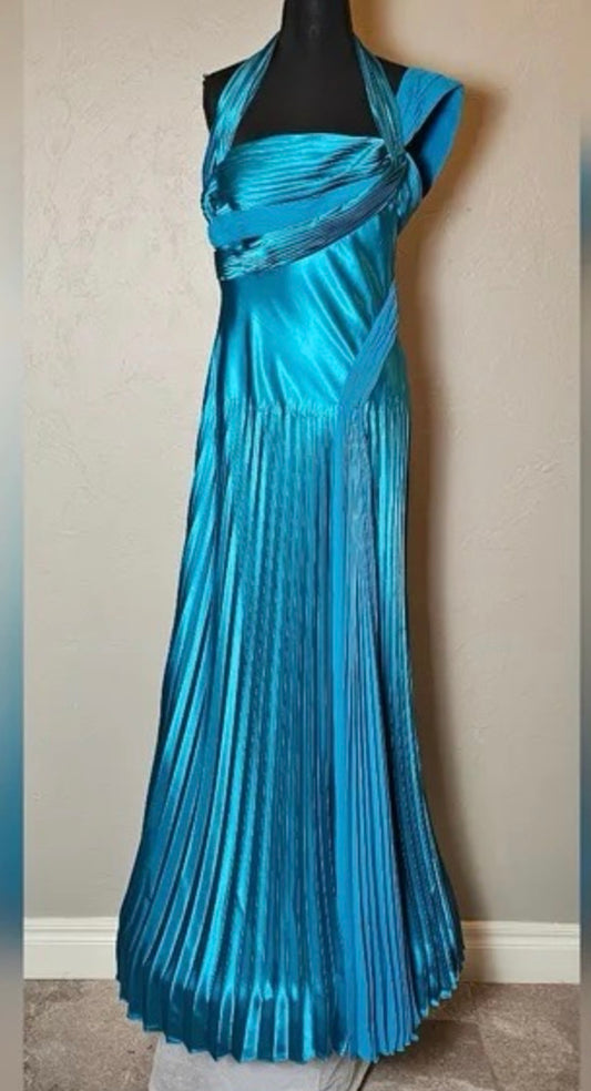 Blue Pleated Satin Gown
