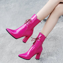 Load image into Gallery viewer, Mid-calf High Chunky Block Heels Pointed Toe Lace-up Zipper Boots