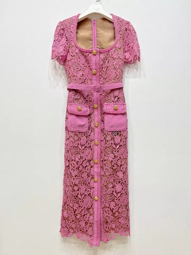 Pink Square Collar Lace Mid-length Dress