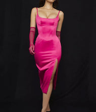 Load image into Gallery viewer, Rose Satin Bodycon Midi Dress