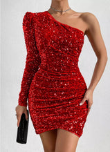 Load image into Gallery viewer, Sequin One Shoulder Mini Dress