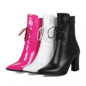 Mid-calf High Chunky Block Heels Pointed Toe Lace-up Zipper Boots