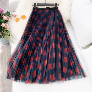 Long Pleated A Line Tulle Skirt
