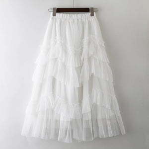 Mesh Ruffle Tulle Midi Skirt
