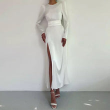 Load image into Gallery viewer, Elegant Satin Open Back Long Sleeve Slit Hem Belted Dress
