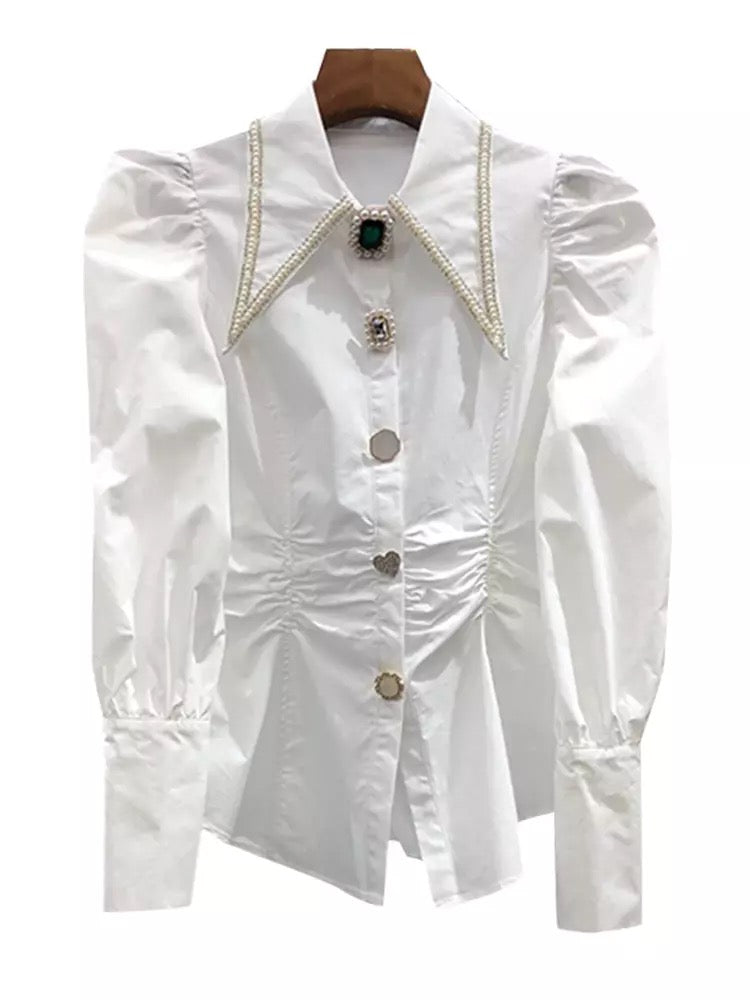 White Patchwork Lapel Pearl Blouse