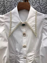 Load image into Gallery viewer, White Patchwork Lapel Pearl Blouse