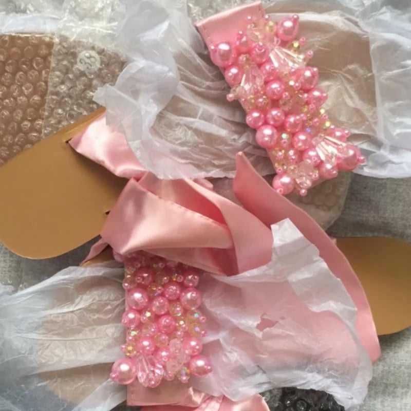 Lace Up Beads Flower Sandal