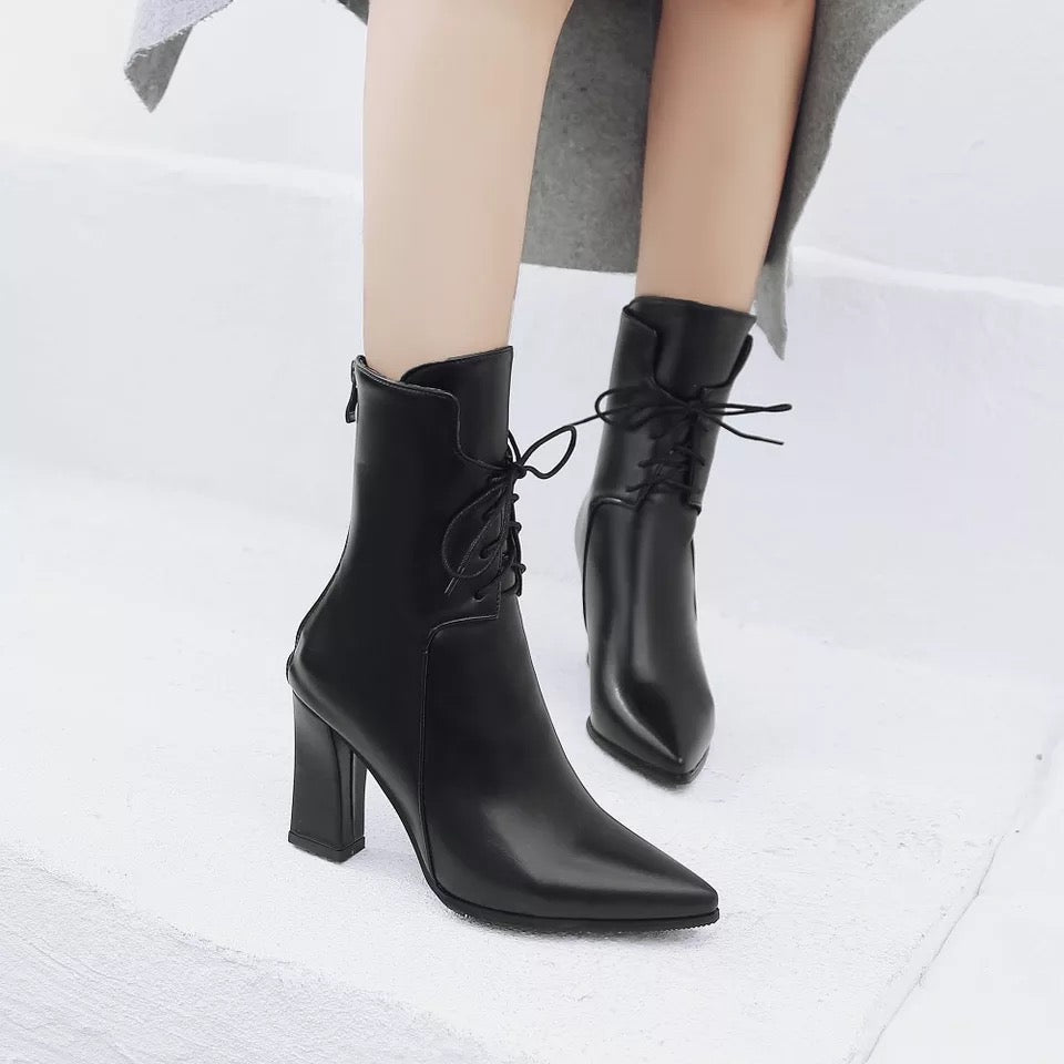 Mid-calf High Chunky Block Heels Pointed Toe Lace-up Zipper Boots