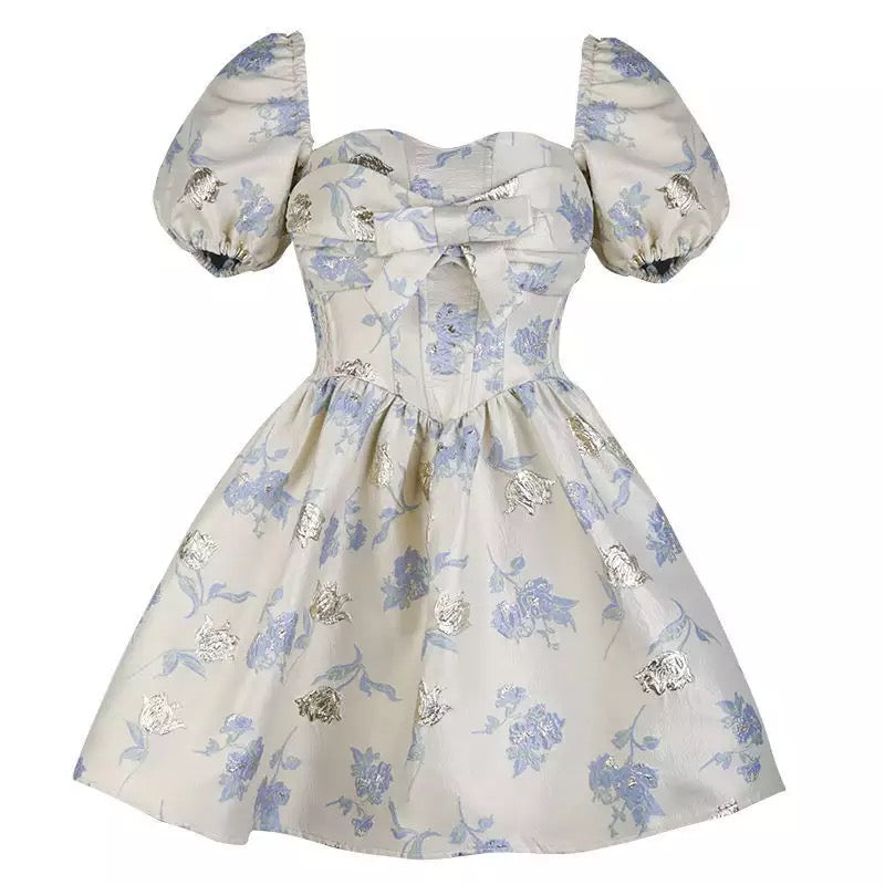 Bow Jacquard Puff Sleeve Mini Dress