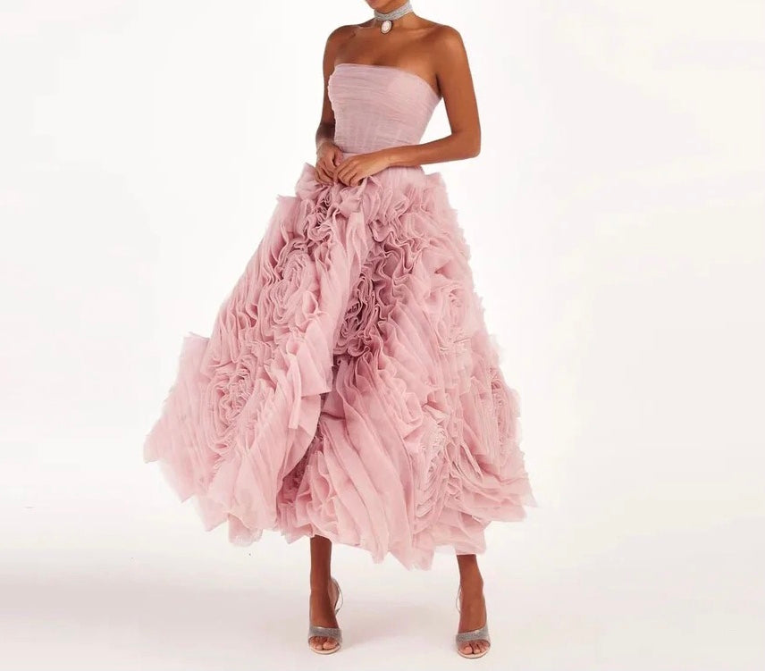 Flowered Tea-Length Corset Tulle Dress