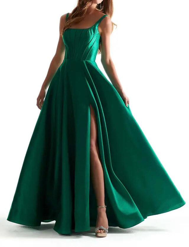 Square Collar A-line Side Slit Gown