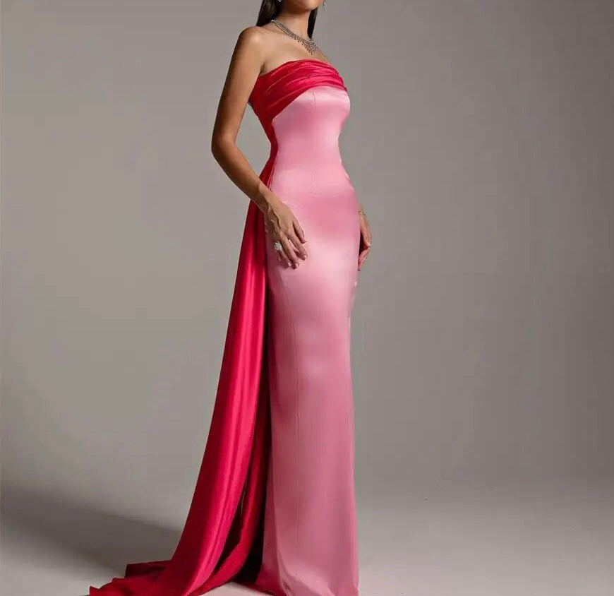 Red and Pink Gown with Overskirt