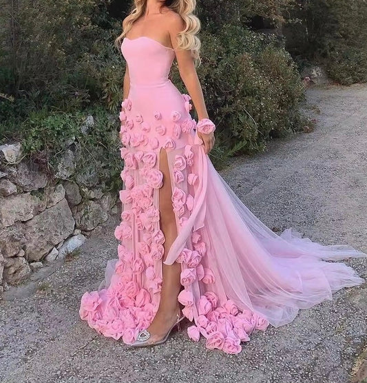 3D Flowers Side Split Prom Dress