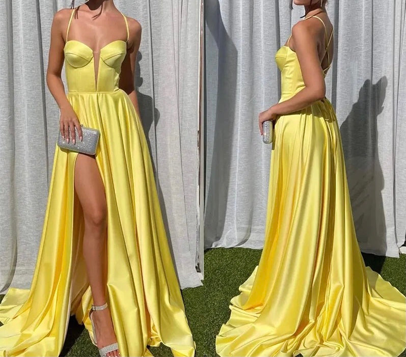 Satin Split Sheer Corset  Ball Gown