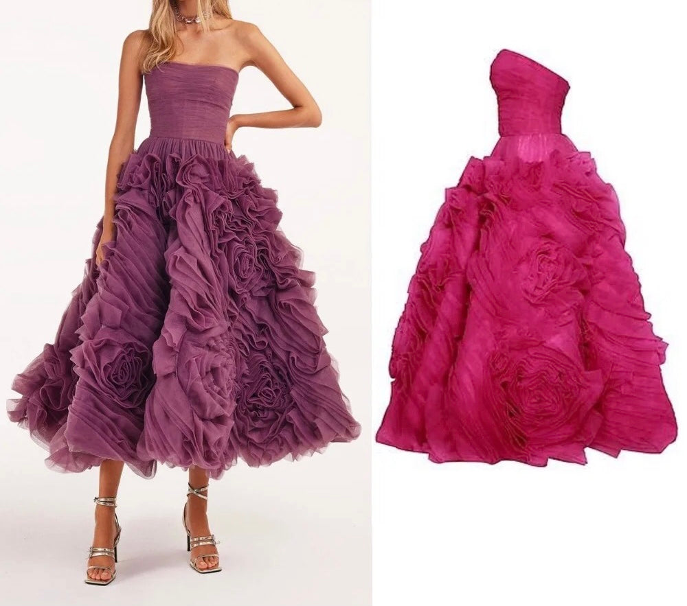 Flowered Tea-Length Corset Tulle Dress