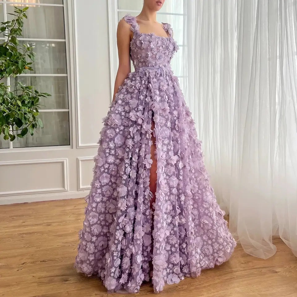 Flowers High Slit Long Prom Dress