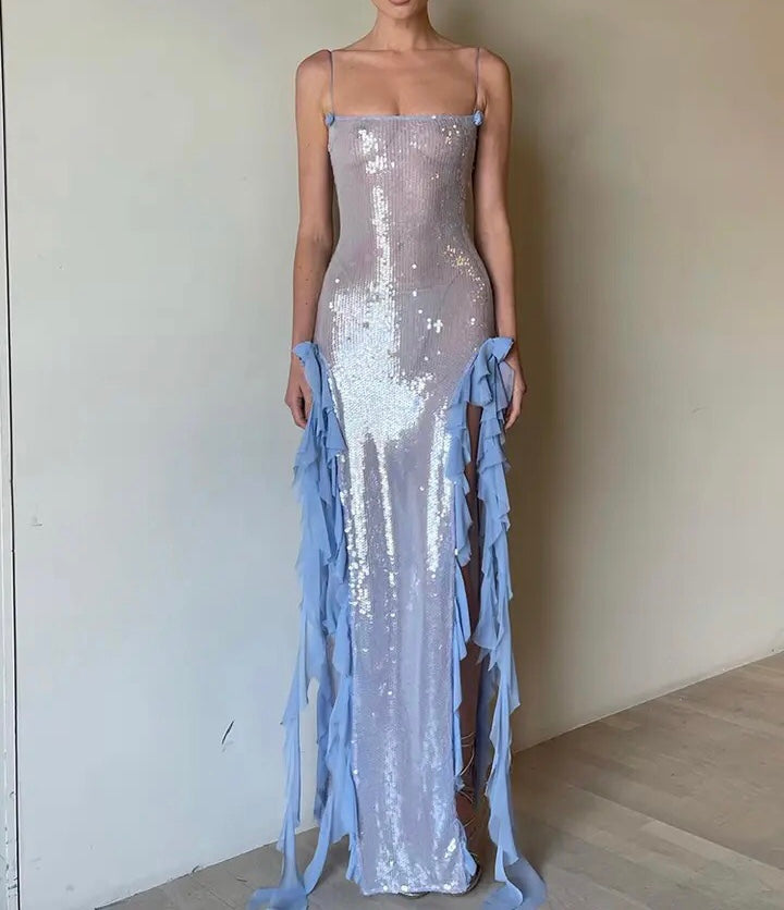 Blue Sparkle Ruffles Flowers See-through Dress