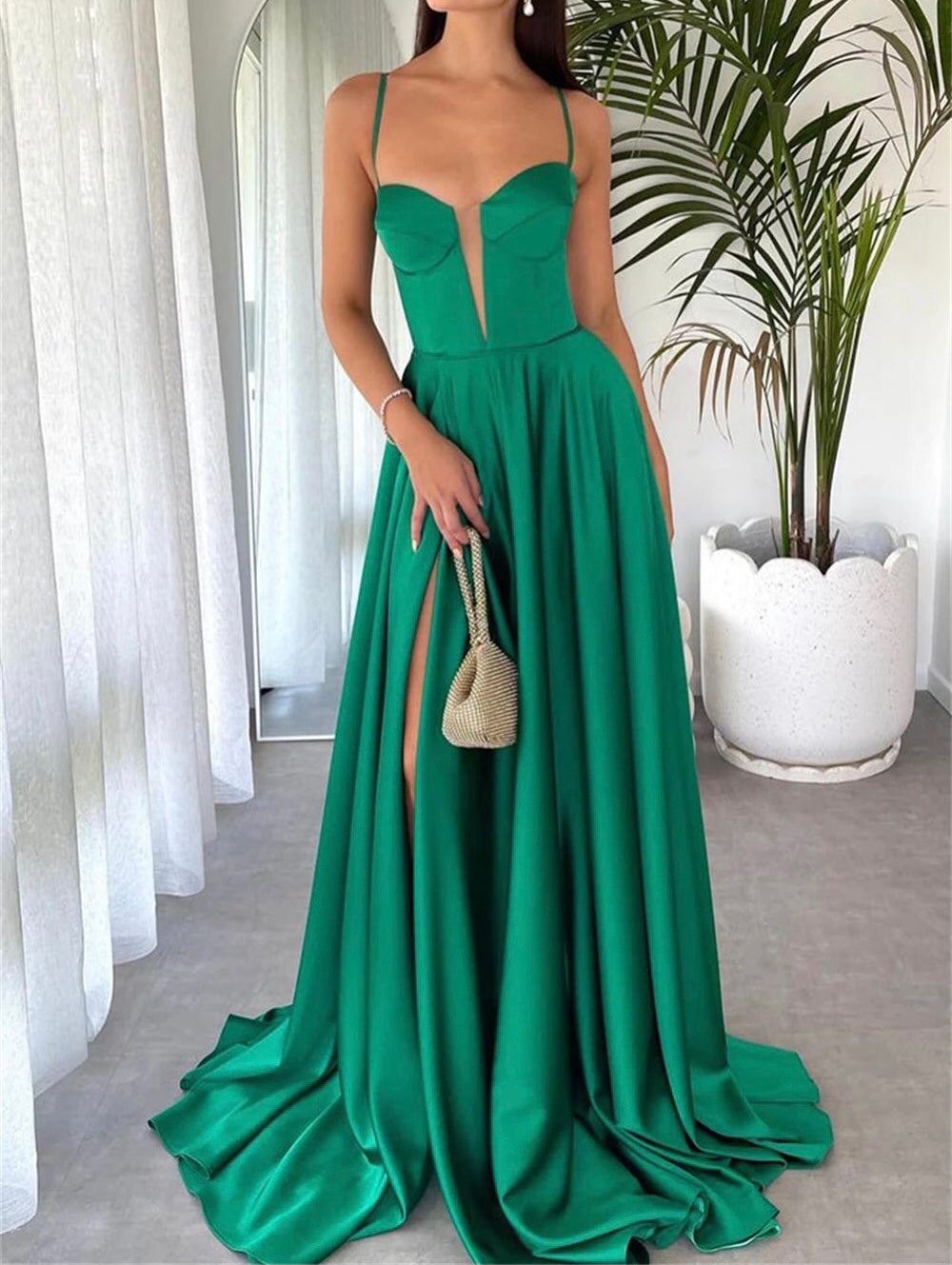 Satin Split Sheer Corset  Ball Gown