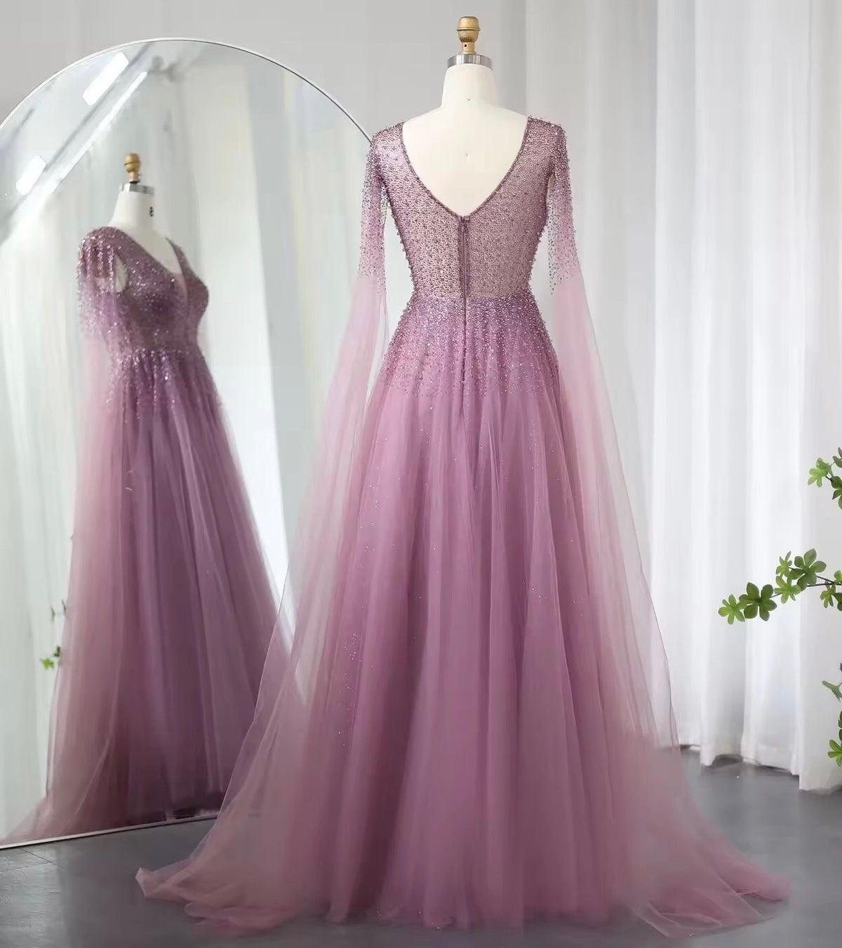 Beads Sequined Cape Gown