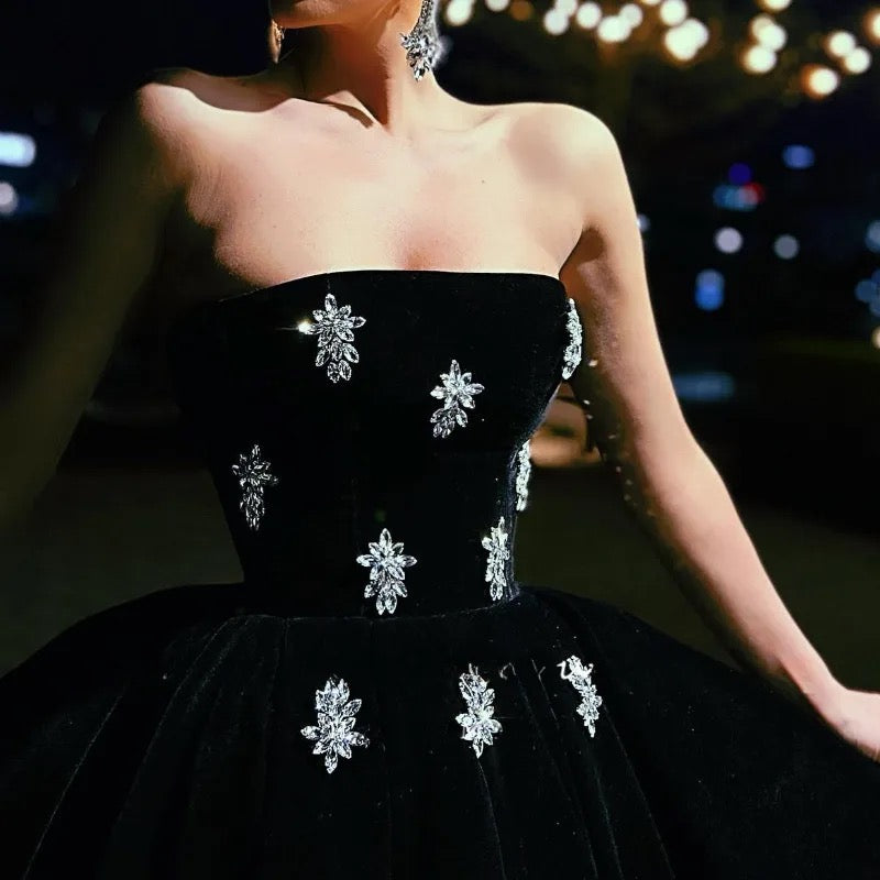 Black Velvet Strapless Ball Dress
