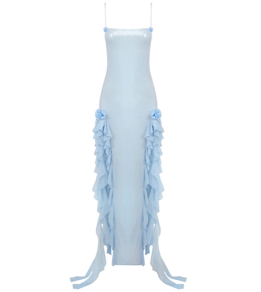 Blue Sparkle Ruffles Flowers See-through Dress