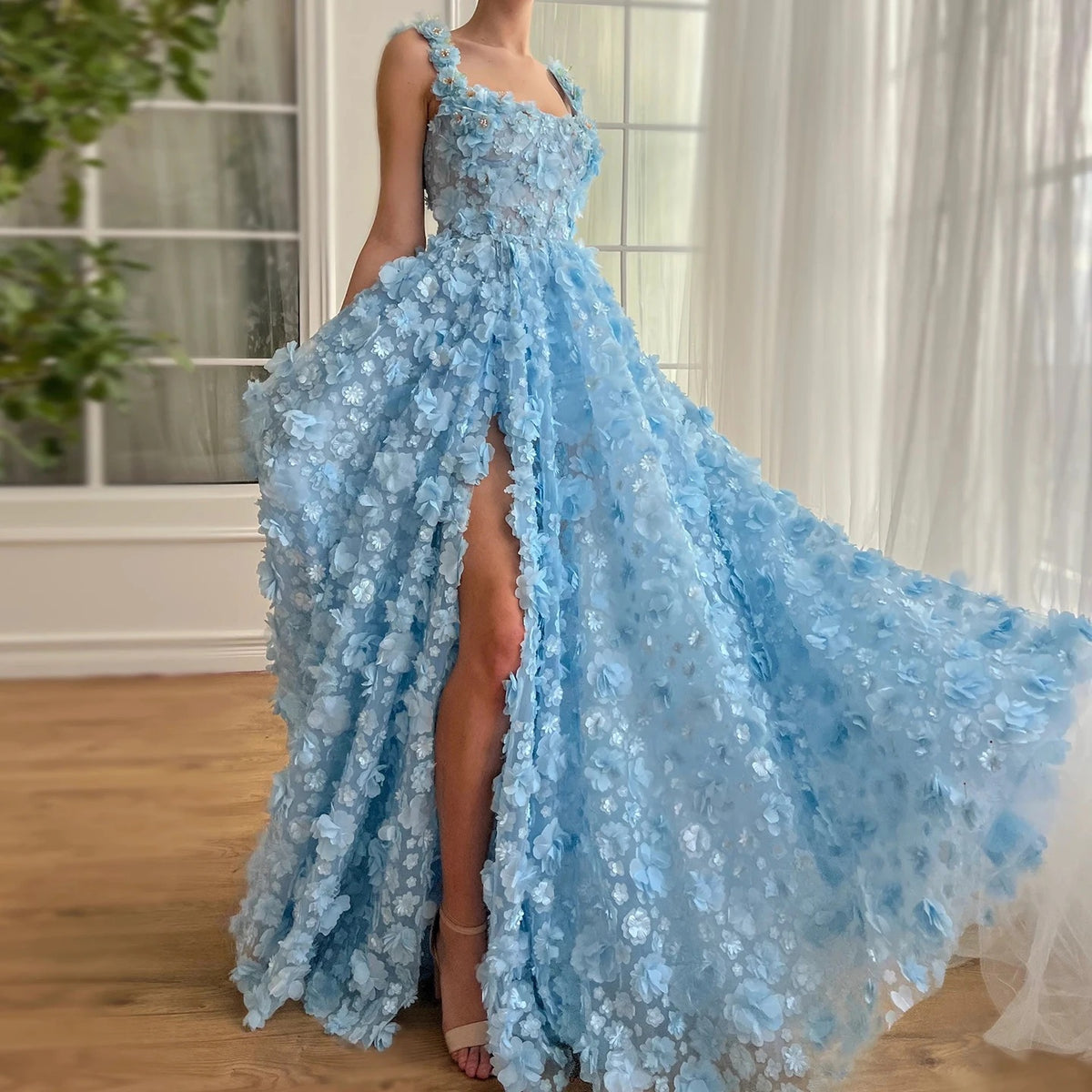 Flowers High Slit Long Prom Dress