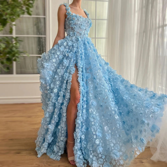Flowers High Slit Long Prom Dress