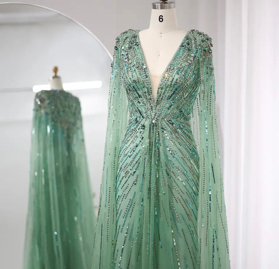 Luxury Cape Crystal Formal Gown