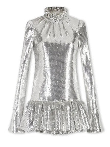 High Collar Silver Sequins Dress