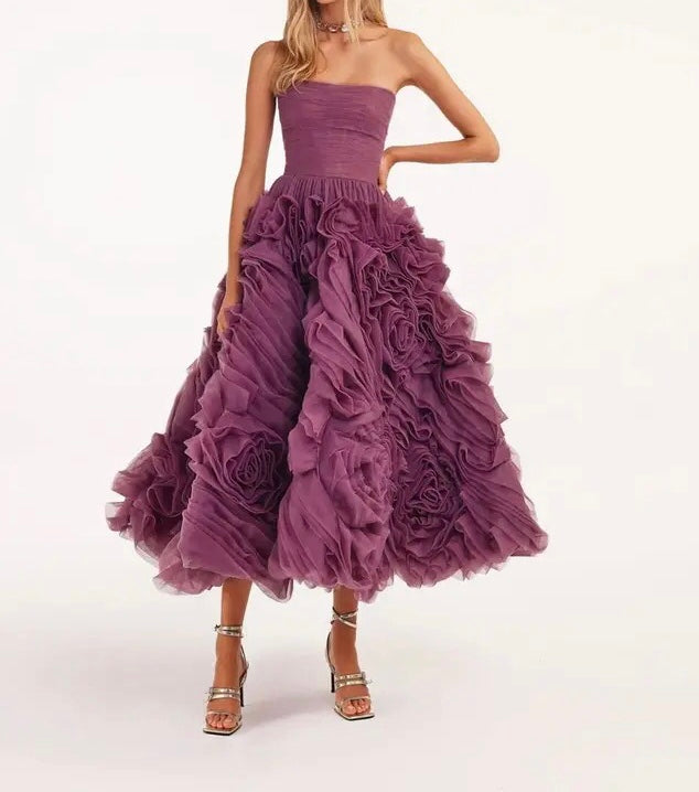 Flowered Tea-Length Corset Tulle Dress