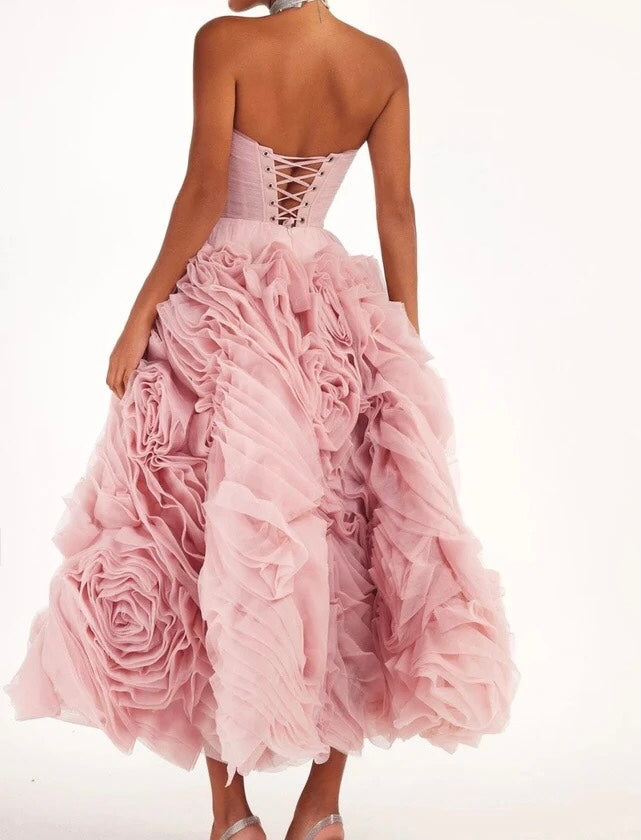 Flowered Tea-Length Corset Tulle Dress