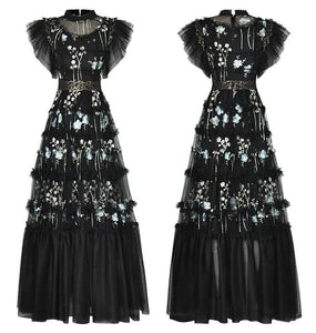 Runway Embroidery Mesh Ruffles Dress