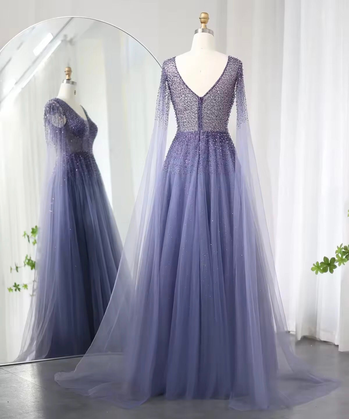 Beads Sequined Cape Gown