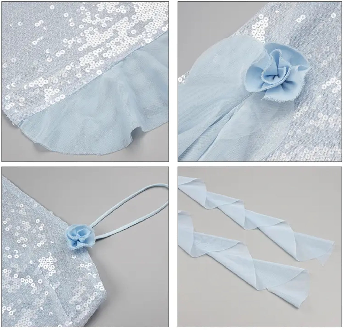 Blue Sparkle Ruffles Flowers See-through Dress