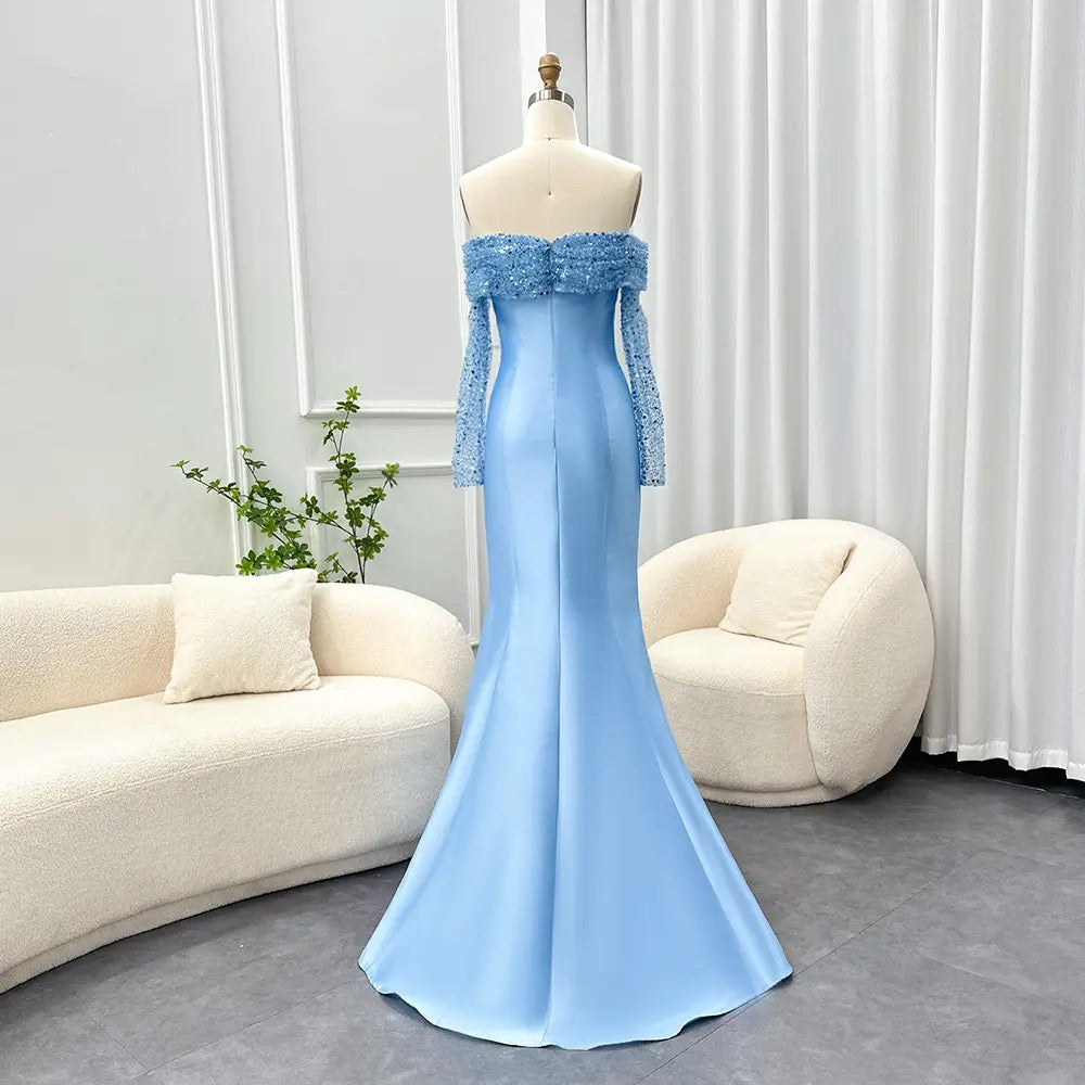 Sky Blue Sequinned OffShoulder Dress