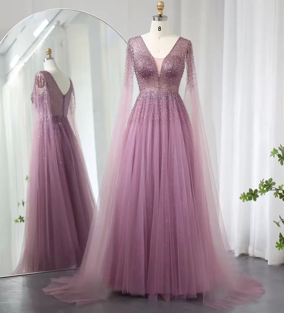 Beads Sequined Cape Gown