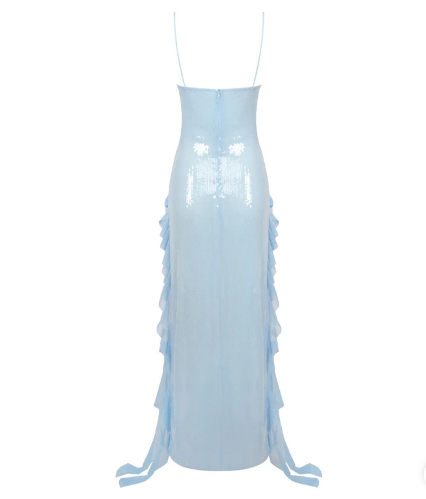 Blue Sparkle Ruffles Flowers See-through Dress