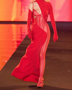 Red Mesh Corset Dress