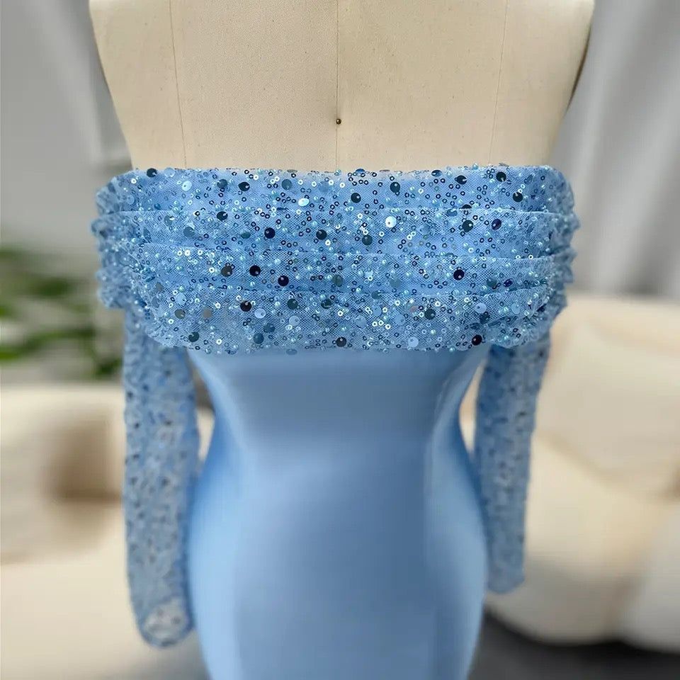 Sky Blue Sequinned OffShoulder Dress