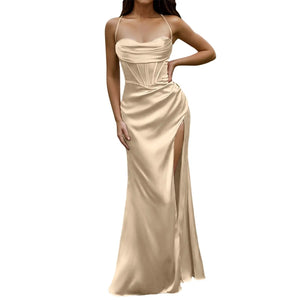 Satin Fishbone Ruched Gown
