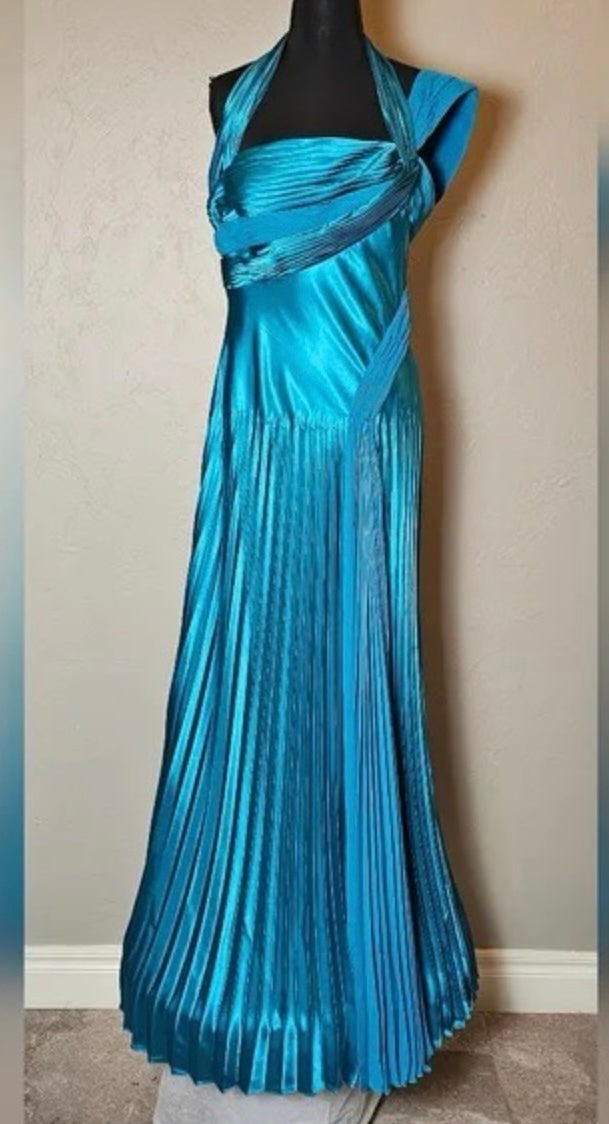 Blue Pleated Satin Gown