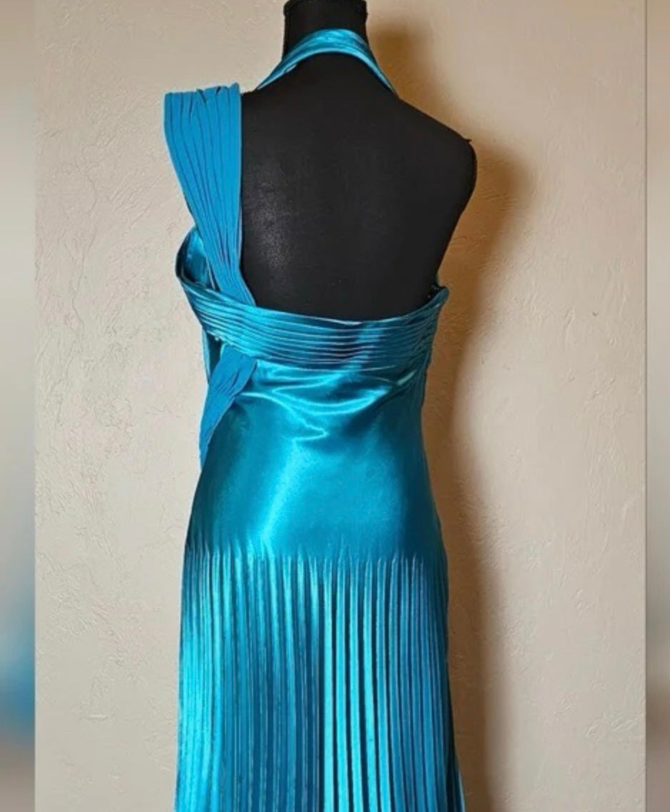 Blue Pleated Satin Gown