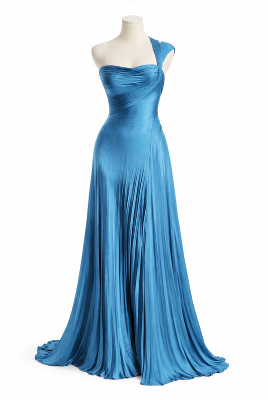 Blue Pleated Satin Gown