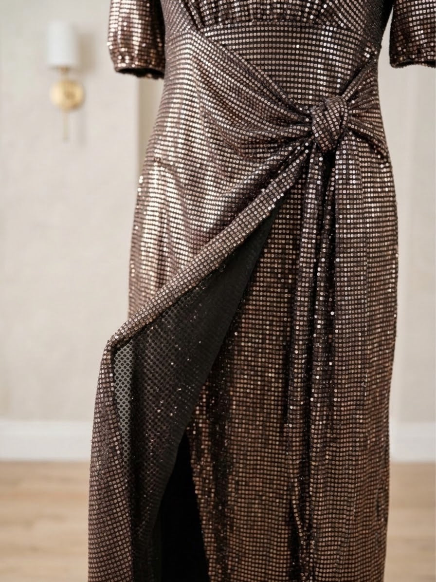 Bronze Gold Shimmer Knot wrap dress
