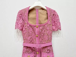 Pink Square Collar Lace Mid-length Dress