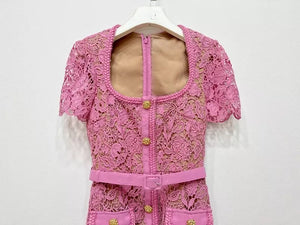 Pink Square Collar Lace Mid-length Dress