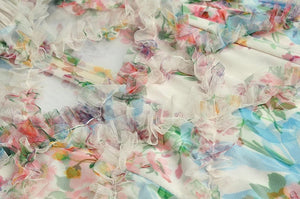 Mesh Floral Print Ruffle Maxi Dress