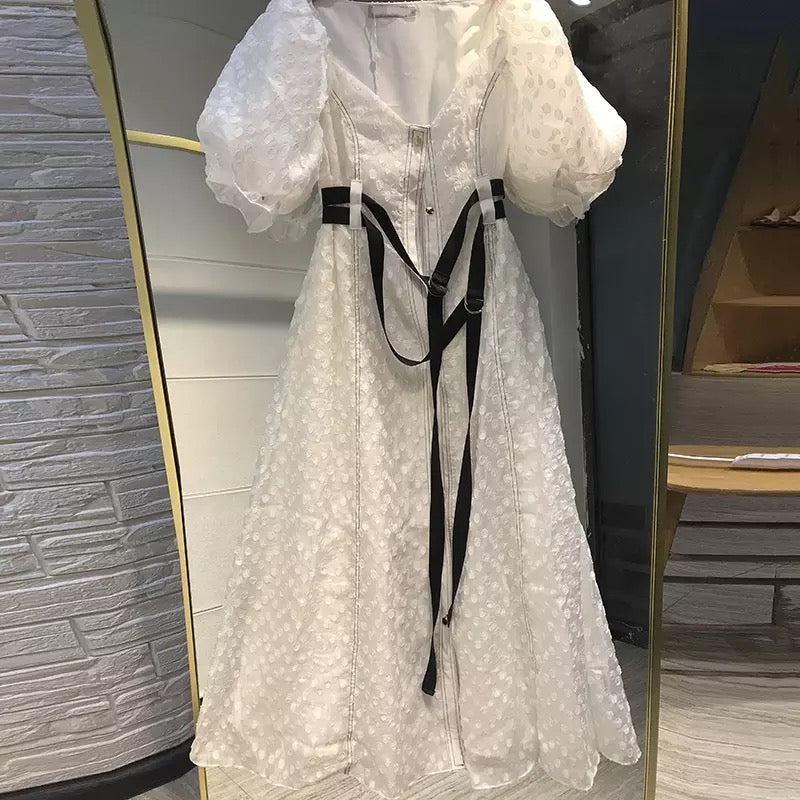 Puff Sleeve White Long Dresses