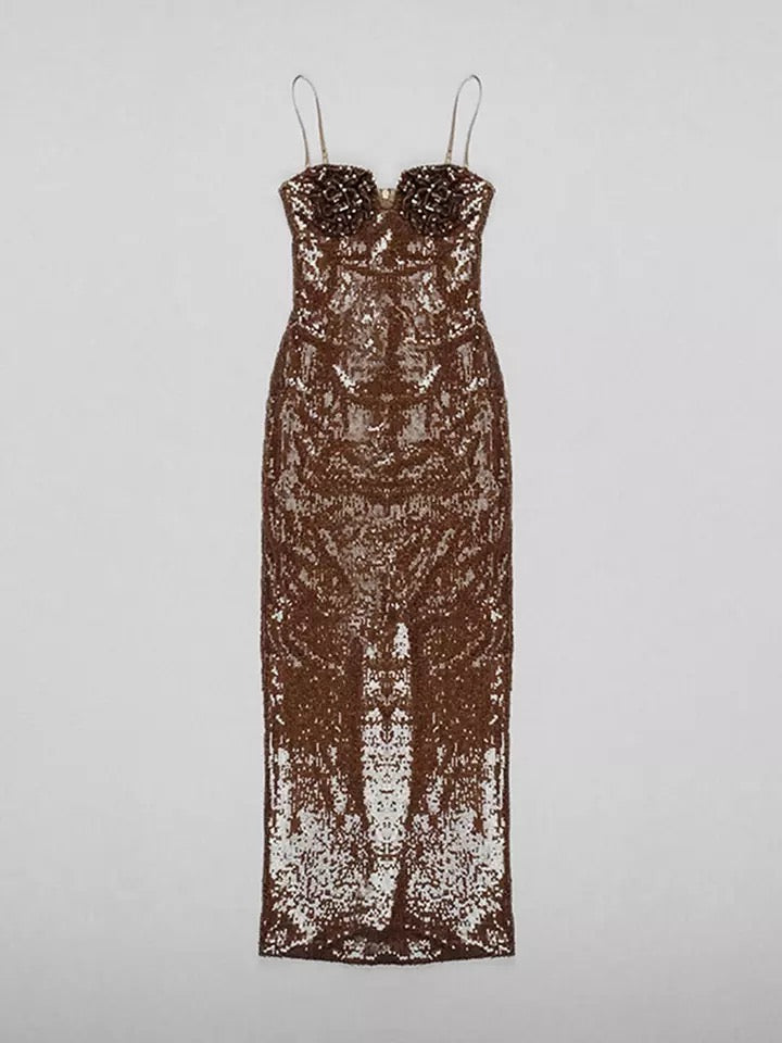 Coffee Flower Sequin Pie Dress
